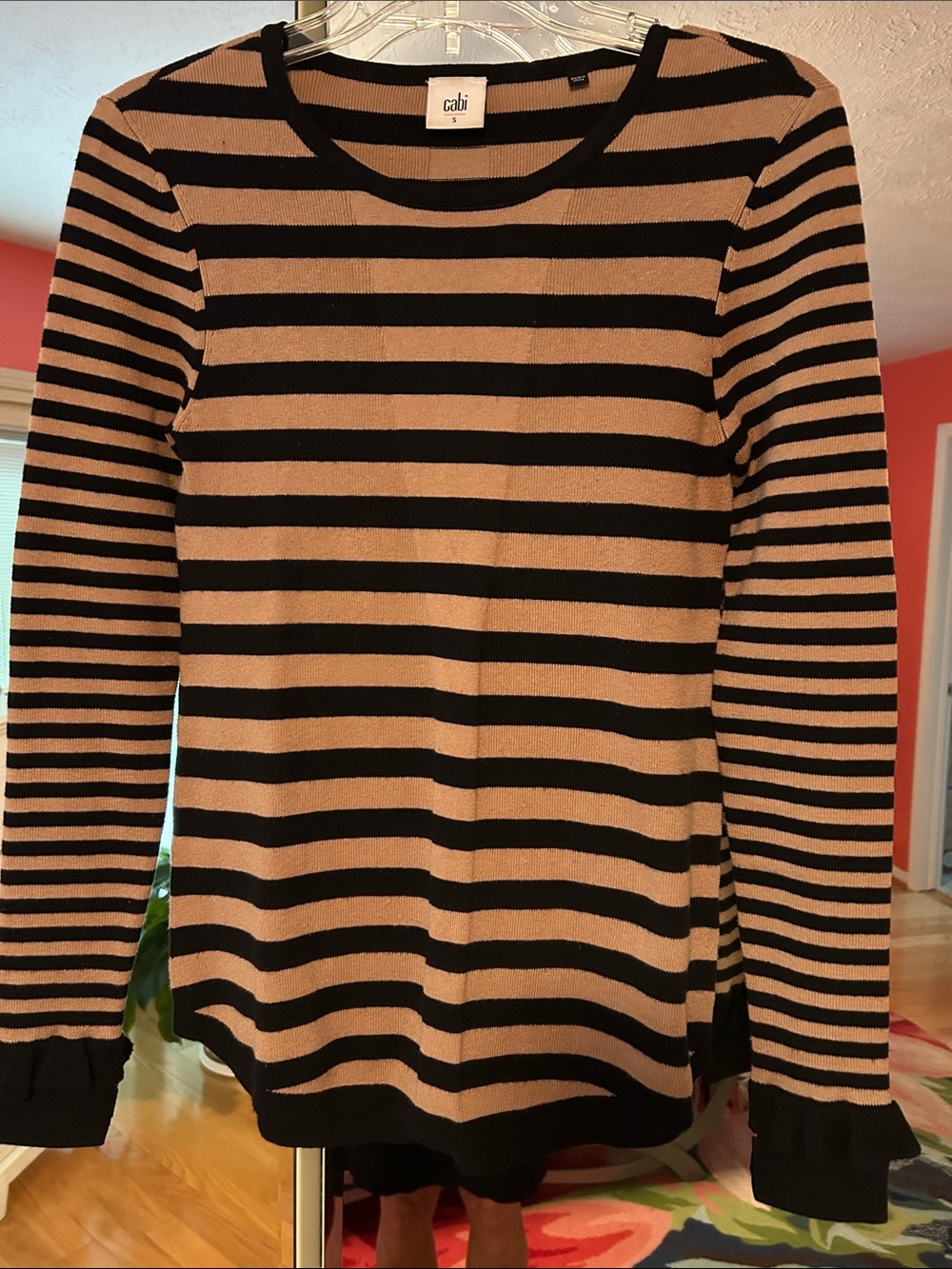 CAbi Black and Tan Striped Crewneck Sweater